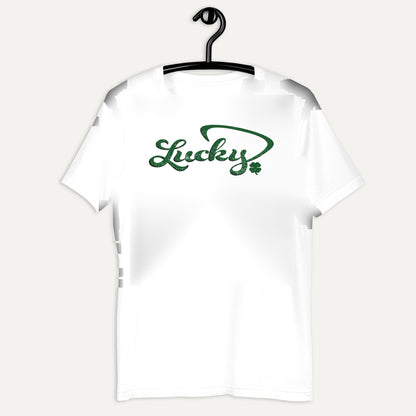 Lucky Cursive Clover Short Sleeve Tee in White, on hanger