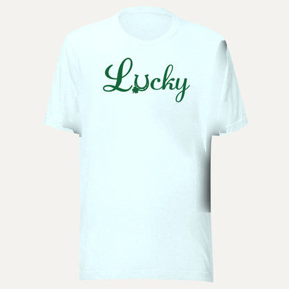 Lucky Horse Shoe Clover Short Sleeve Tee in Heather Ice Blue, front view