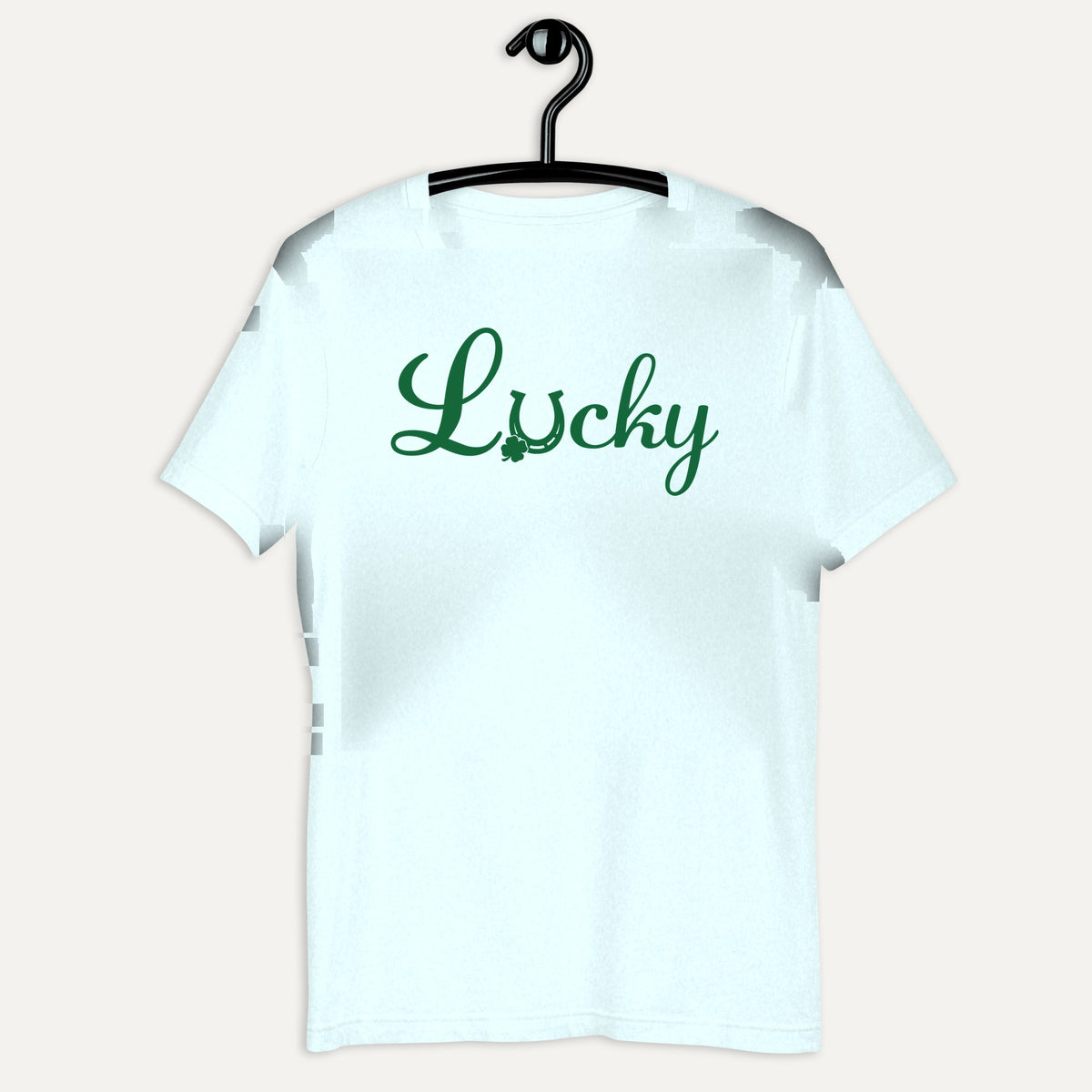 Lucky Horse Shoe Clover Short Sleeve Tee in Heather Ice Blue, on hanger
