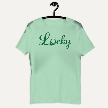 Lucky Horse Shoe Clover Short Sleeve Tee in Heather Prism Mint, on hanger