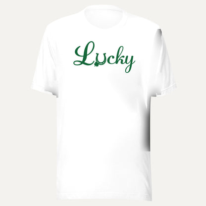 Lucky Horse Shoe Clover Short Sleeve Tee in White, front view