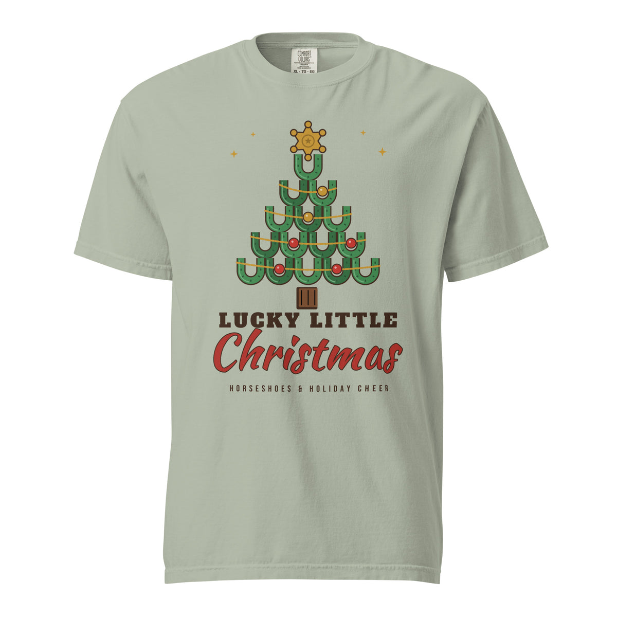 Lucky Little Christmas Horseshoe Tree Comfort Colors Tee in Bay, front view