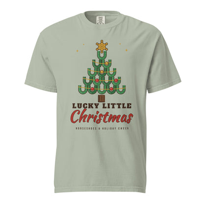 Lucky Little Christmas Horseshoe Tree Comfort Colors Tee in Bay, front view