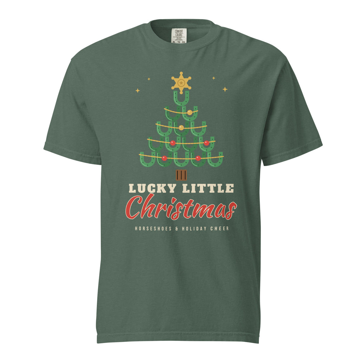 Lucky Little Christmas Horseshoe Tree Comfort Colors Tee in Blue Spruce, front view