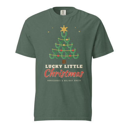 Lucky Little Christmas Horseshoe Tree Comfort Colors Tee in Blue Spruce, front view