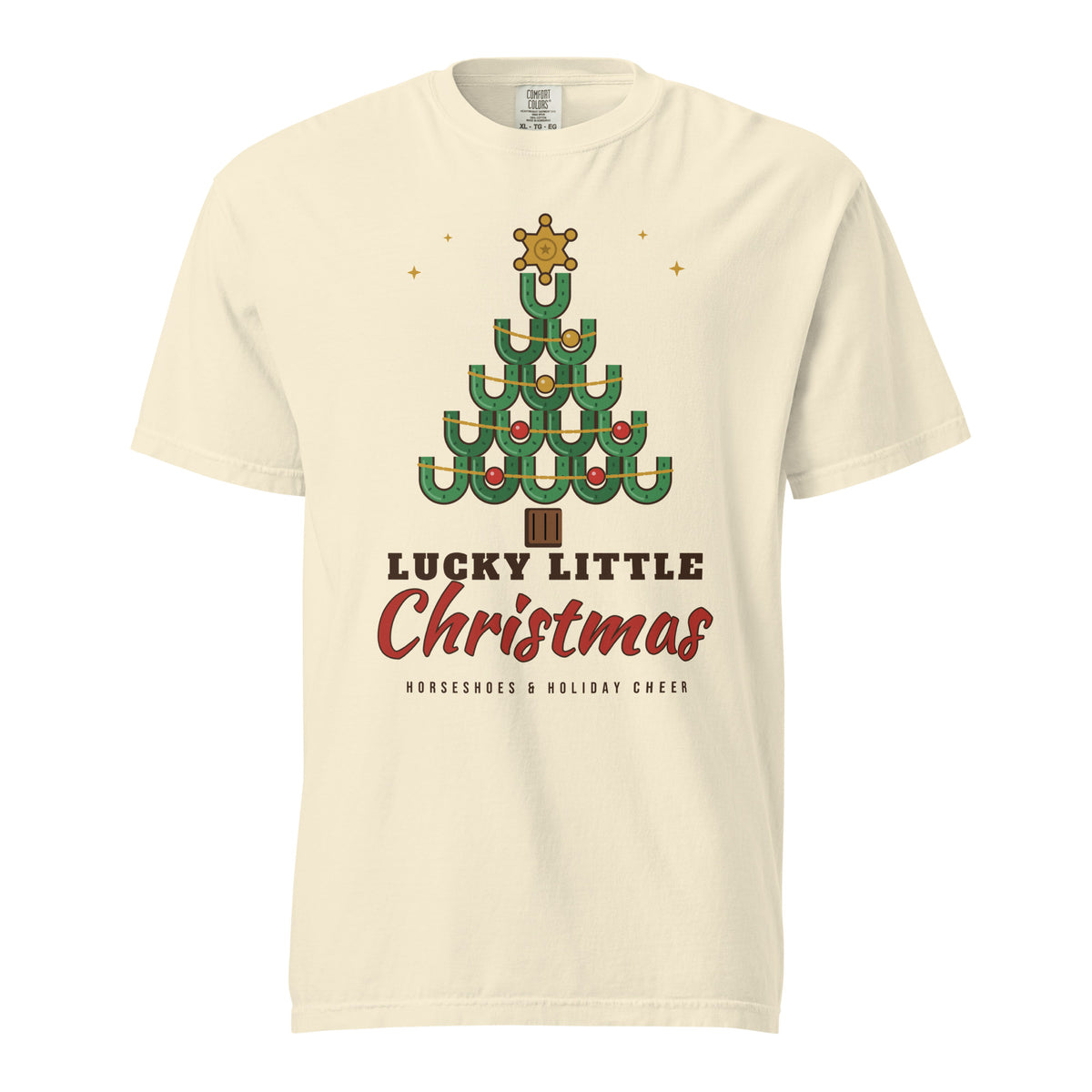 Lucky Little Christmas Horseshoe Tree Comfort Colors Tee in Ivory, front view