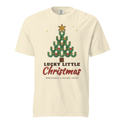Lucky Little Christmas Horseshoe Tree Comfort Colors Tee in Ivory, front view