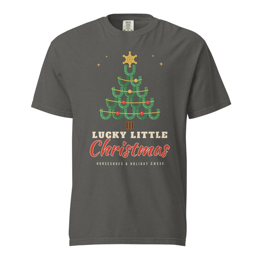 Lucky Little Christmas Horseshoe Tree Comfort Colors Tee in Pepper, front view
