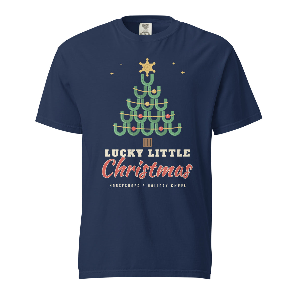 Lucky Little Christmas Horseshoe Tree Comfort Colors Tee in True Navy, front view