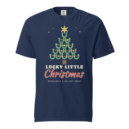 Lucky Little Christmas Horseshoe Tree Comfort Colors Tee in True Navy, front view