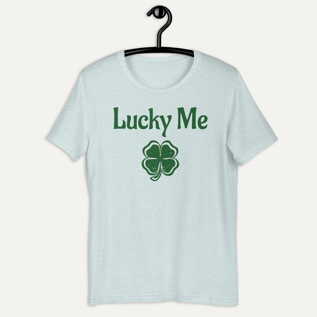 Lucky Me 4 Leaf Clover Saint Patrick's Day Short Sleeve Tee in Heather Prism Ice Blue, on hanger