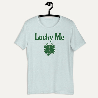 Lucky Me 4 Leaf Clover Saint Patrick's Day Short Sleeve Tee in Heather Prism Ice Blue, on hanger