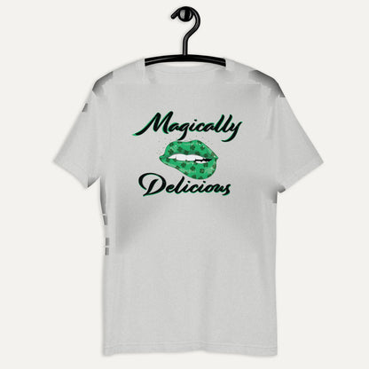 Magically Delicious Biting Lip Short Sleeve Tee in Athletic Heather, on hanger