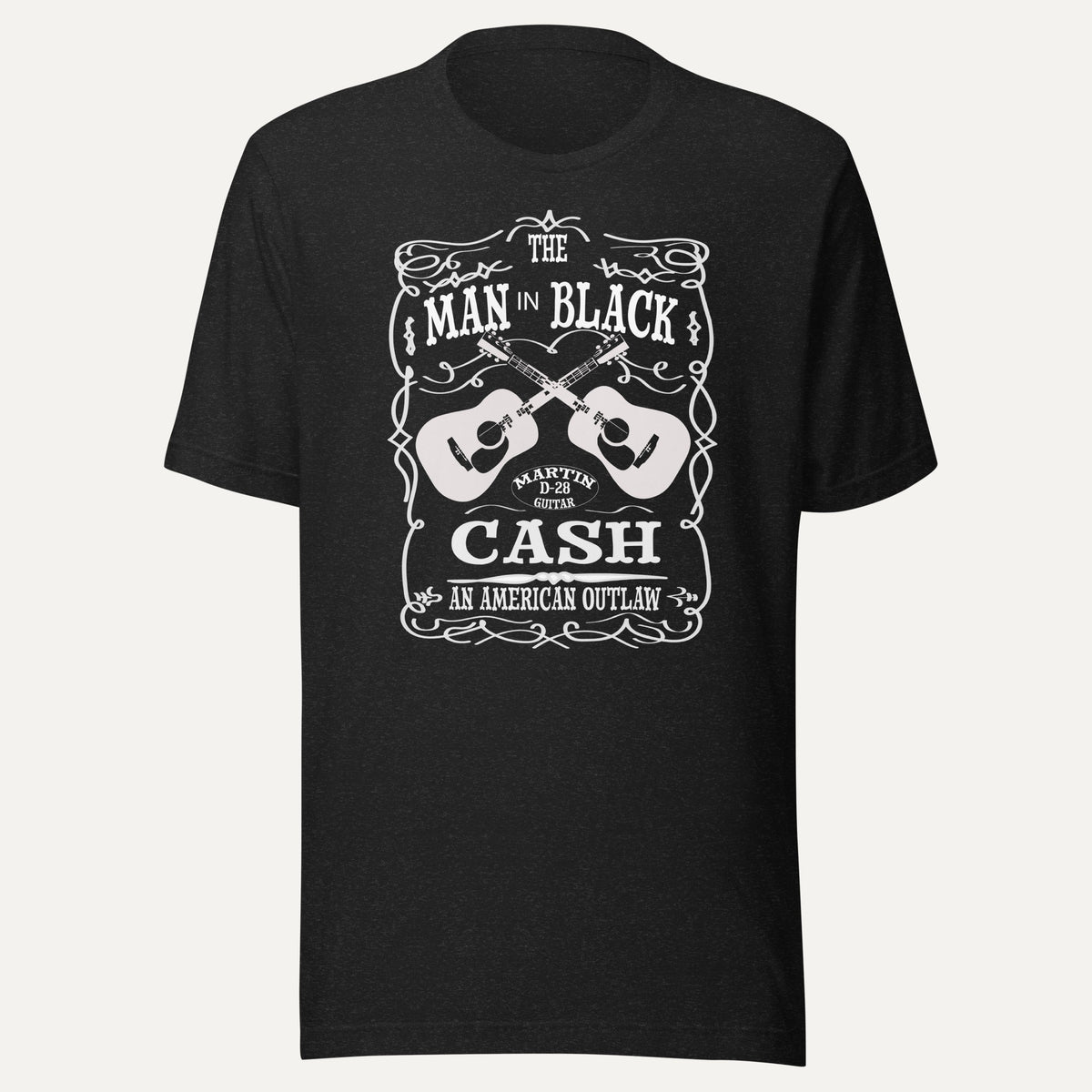 Man In Black Cash Bella Canvas 3001 Tee in Black Heather, front view