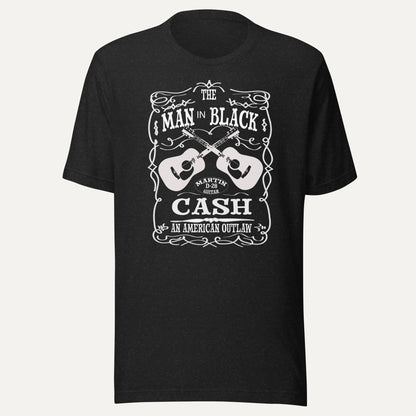 Man In Black Cash Bella Canvas 3001 Tee in Black Heather, front view