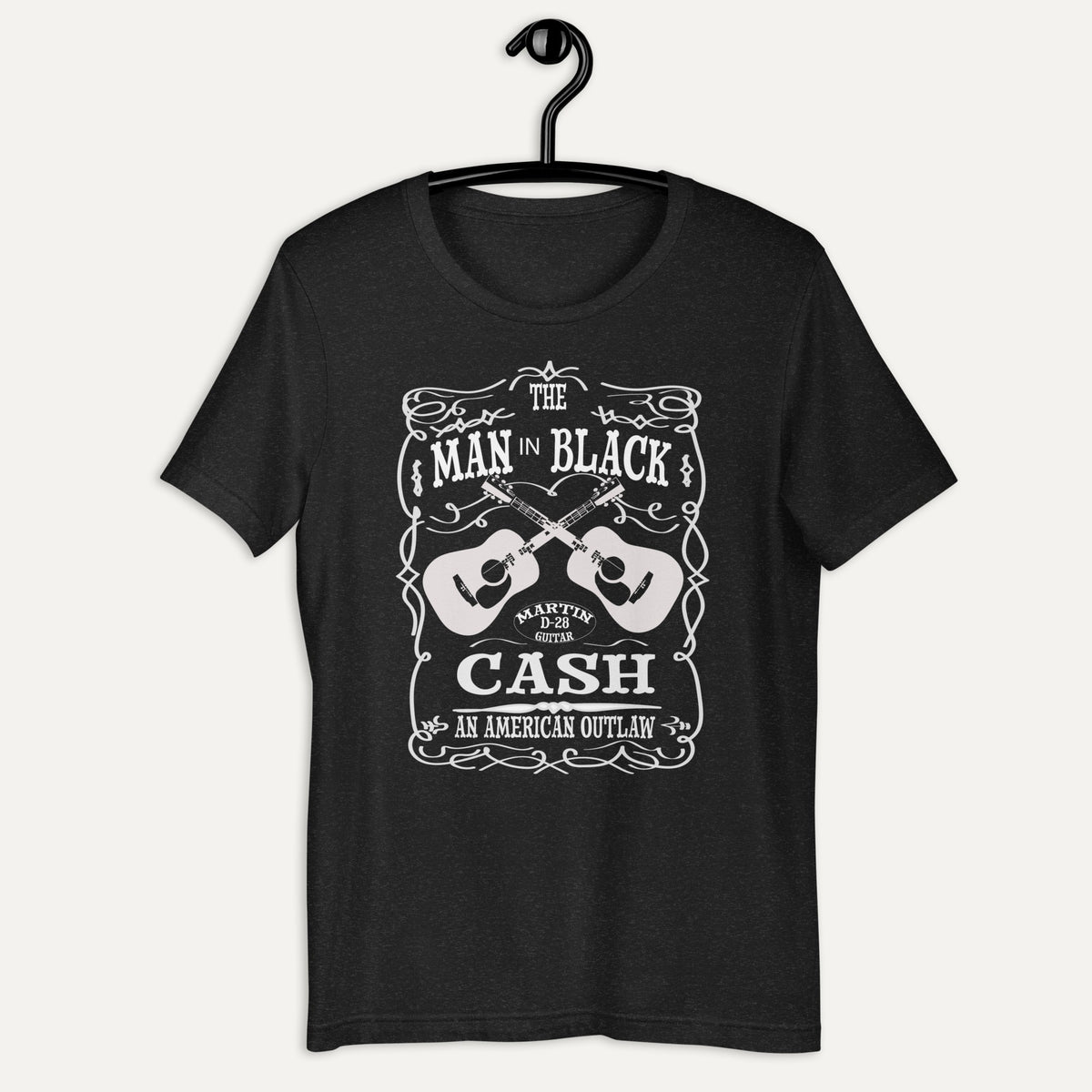 Man In Black Cash Bella Canvas 3001 Tee in Black Heather, on hanger