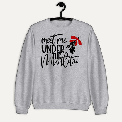 Meet Me Under The Mistletoe Unisex Long Sleeve Sweatshirt in Sport Grey, on hanger