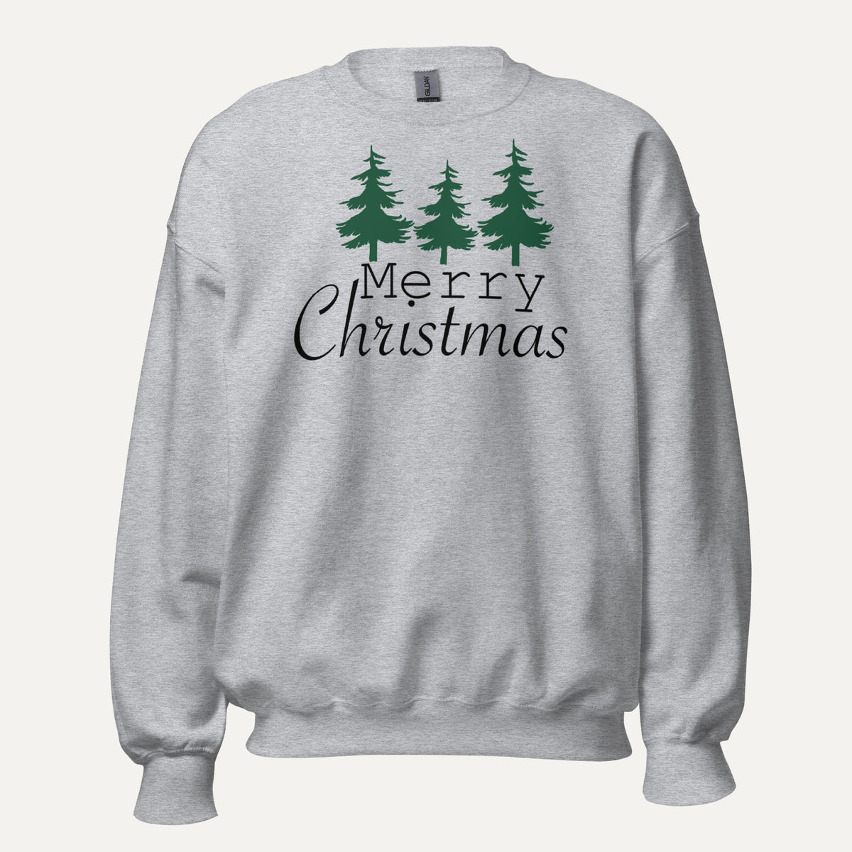 Merry Christmas 3 Trees Unisex Long Sleeve Sweatshirt in Sport Grey, front view