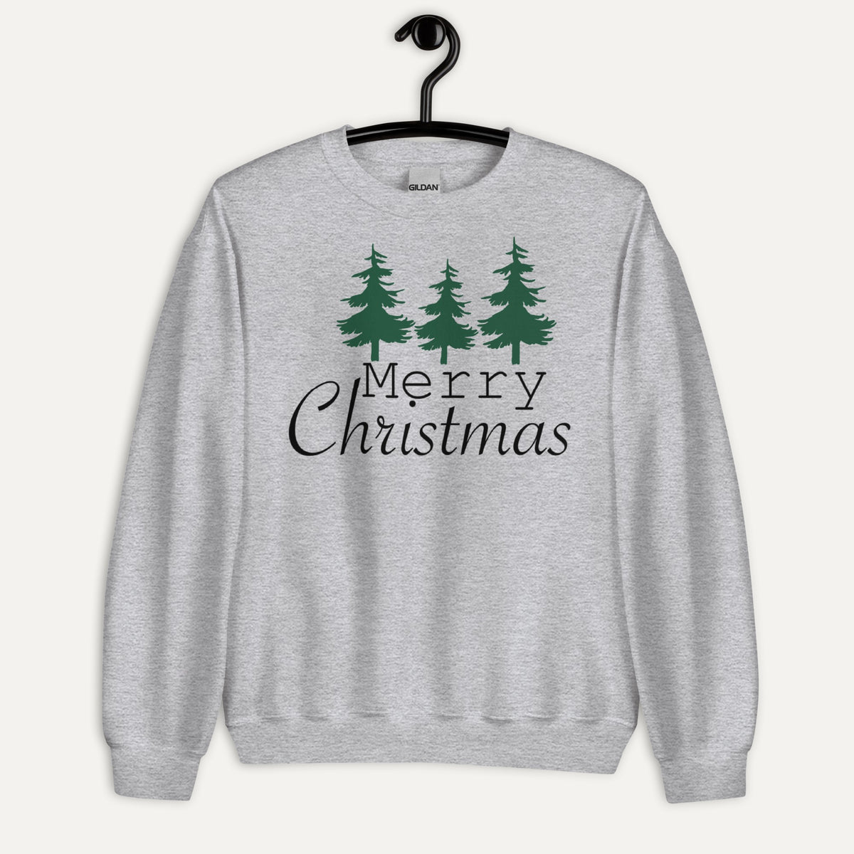 Merry Christmas 3 Trees Unisex Long Sleeve Sweatshirt in Sport Grey, on hanger