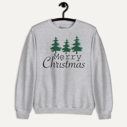 Merry Christmas 3 Trees Unisex Long Sleeve Sweatshirt in Sport Grey, on hanger