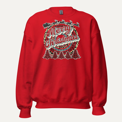 Merry Christmas Retro Cheetah Plaid Unisex Long Sleeve Sweatshirt in Red, front view