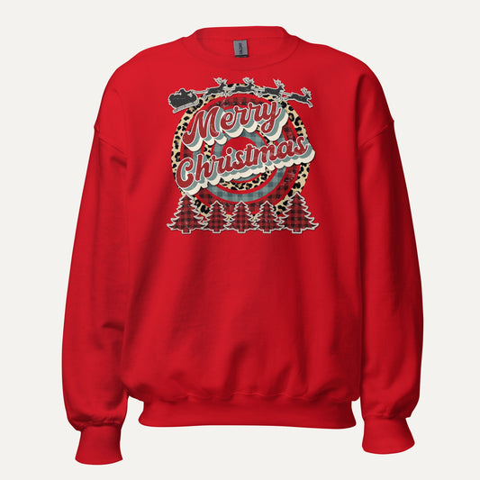 Merry Christmas Retro Cheetah Plaid Unisex Long Sleeve Sweatshirt in Red, front view