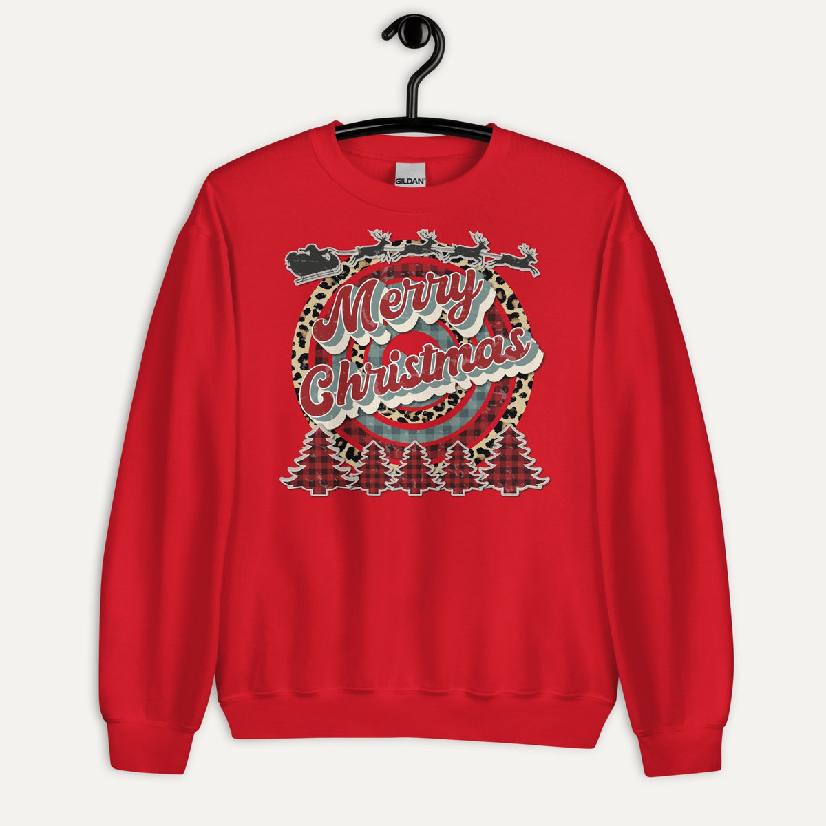 Merry Christmas Retro Cheetah Plaid Unisex Long Sleeve Sweatshirt in Red, on hanger