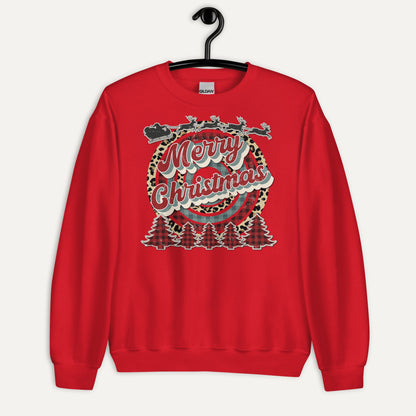 Merry Christmas Retro Cheetah Plaid Unisex Long Sleeve Sweatshirt in Red, on hanger