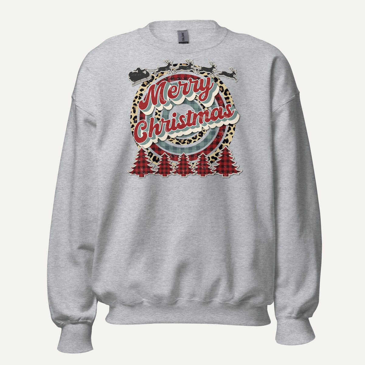 Merry Christmas Retro Cheetah Plaid Unisex Long Sleeve Sweatshirt in Sport Grey, front view