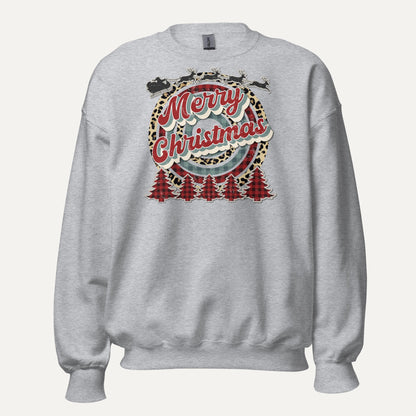 Merry Christmas Retro Cheetah Plaid Unisex Long Sleeve Sweatshirt in Sport Grey, front view