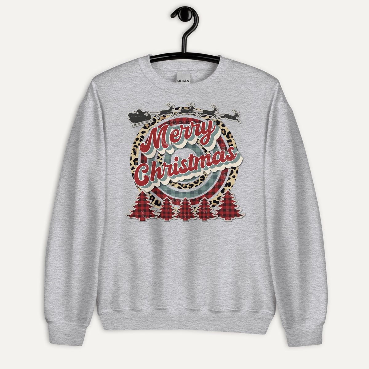 Merry Christmas Retro Cheetah Plaid Unisex Long Sleeve Sweatshirt in Sport Grey, on hanger