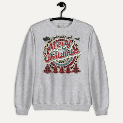 Merry Christmas Retro Cheetah Plaid Unisex Long Sleeve Sweatshirt in Sport Grey, on hanger