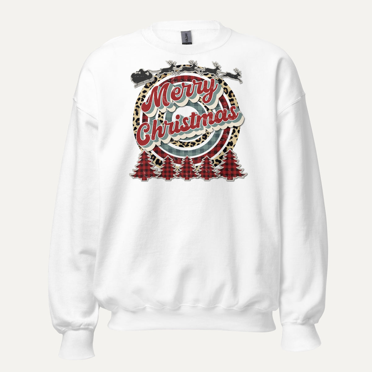 Merry Christmas Retro Cheetah Plaid Unisex Long Sleeve Sweatshirt in White, front view