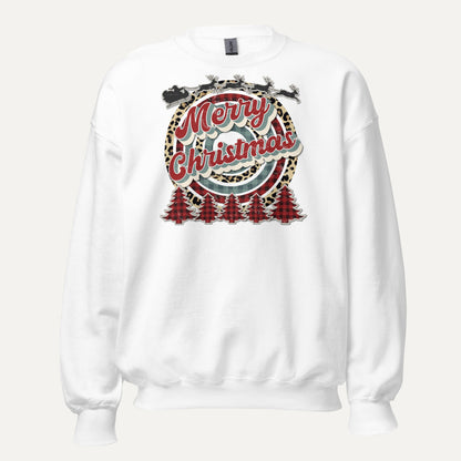 Merry Christmas Retro Cheetah Plaid Unisex Long Sleeve Sweatshirt in White, front view