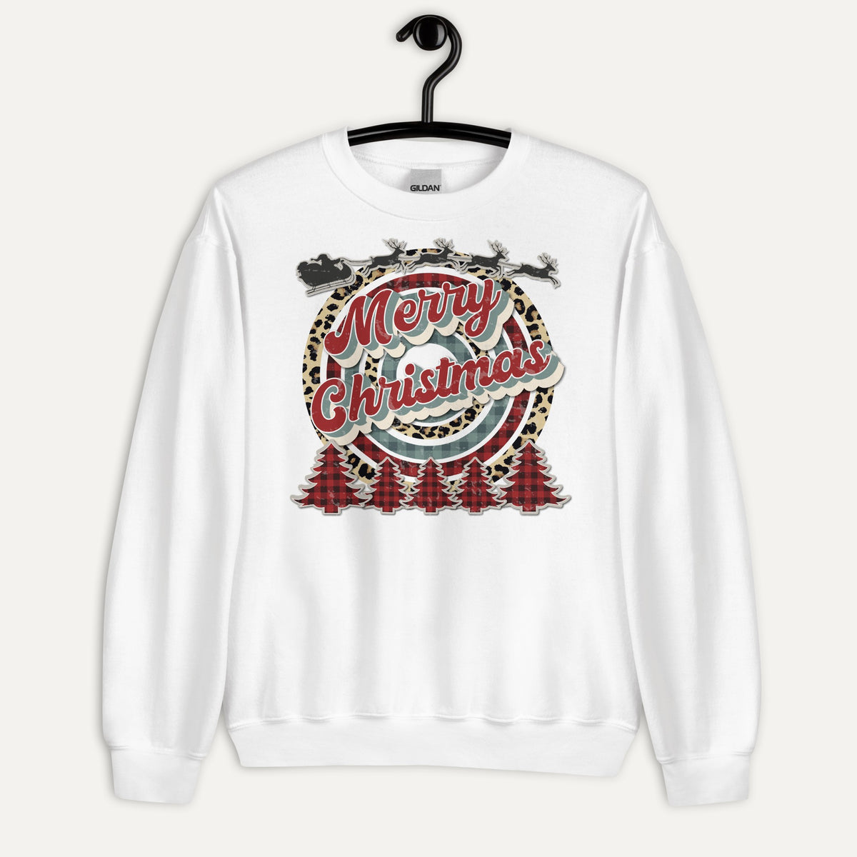 Merry Christmas Retro Cheetah Plaid Unisex Long Sleeve Sweatshirt in White, on hanger