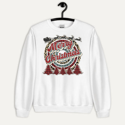 Merry Christmas Retro Cheetah Plaid Unisex Long Sleeve Sweatshirt in White, on hanger