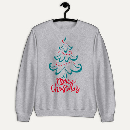 Merry Christmas Tree Unisex Long Sleeve Sweatshirt in Sport Grey, on hanger