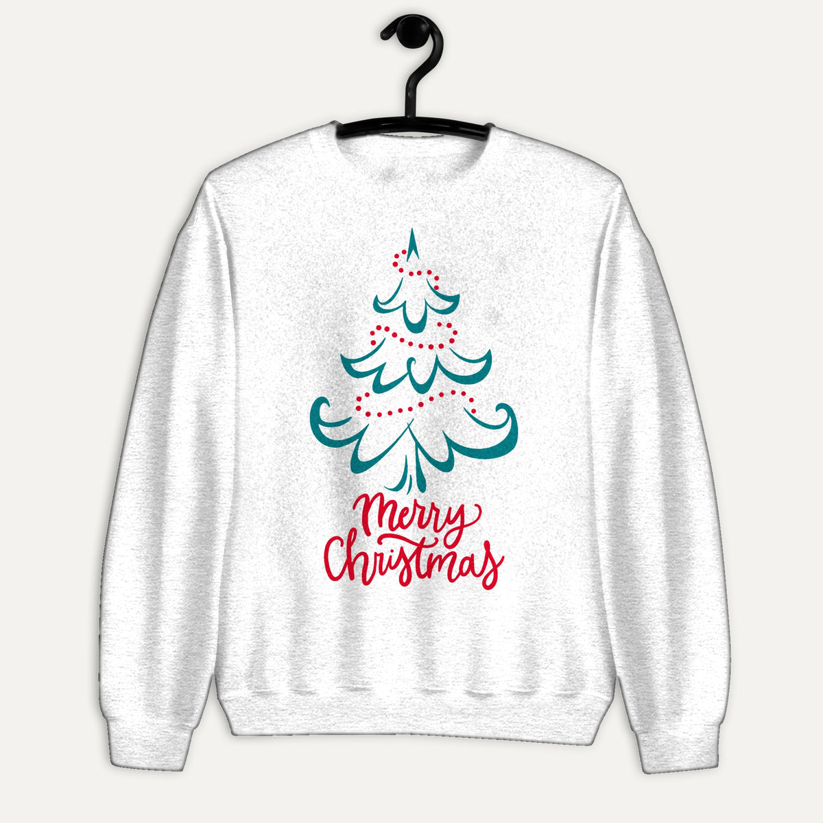 Merry Christmas Tree Unisex Long Sleeve Sweatshirt in White, on hanger