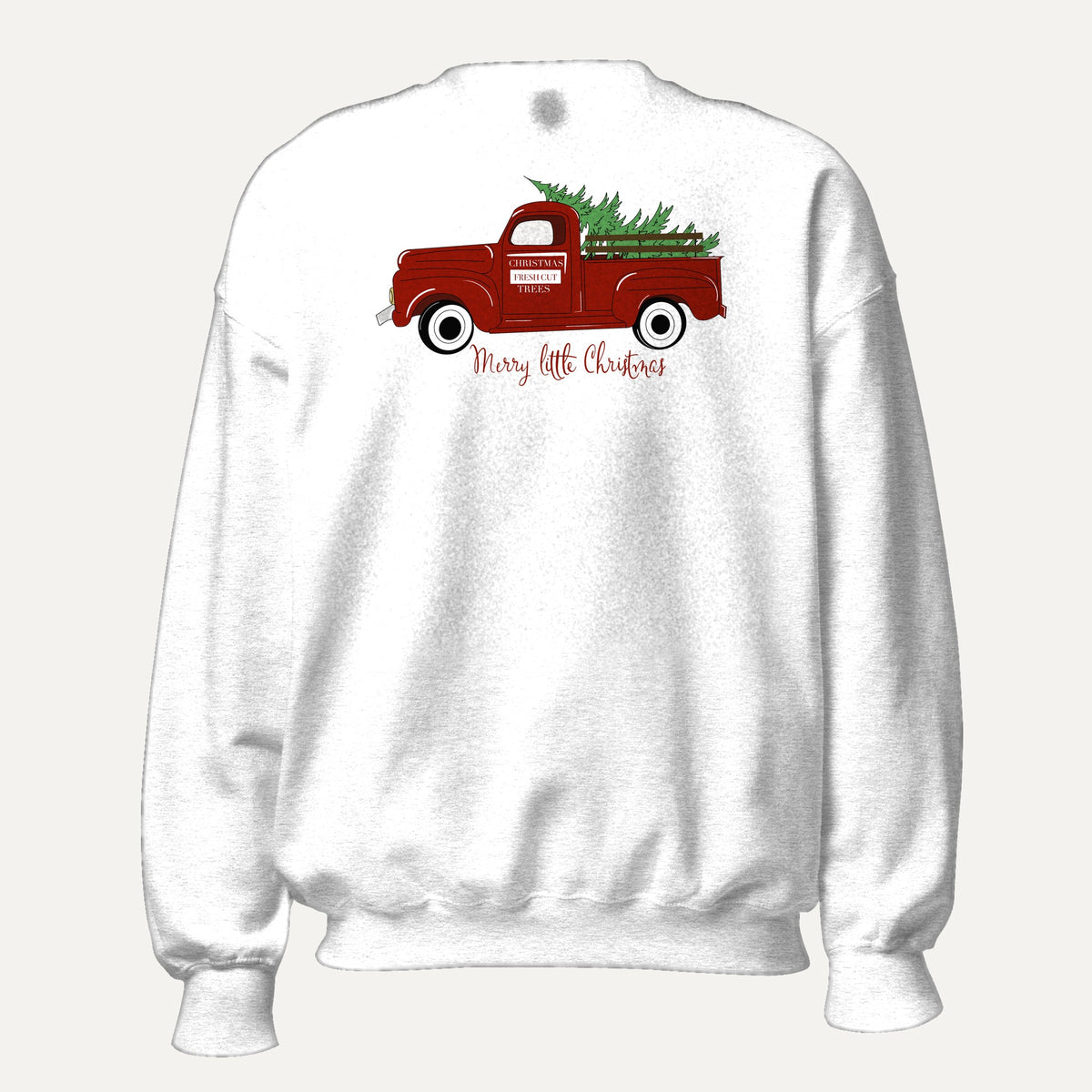 Merry Little Christmas Red Truck Unisex Long Sleeve Sweatshirt in White, front view