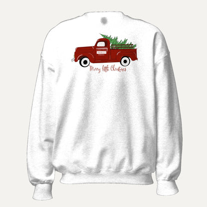 Merry Little Christmas Red Truck Unisex Long Sleeve Sweatshirt in White, front view