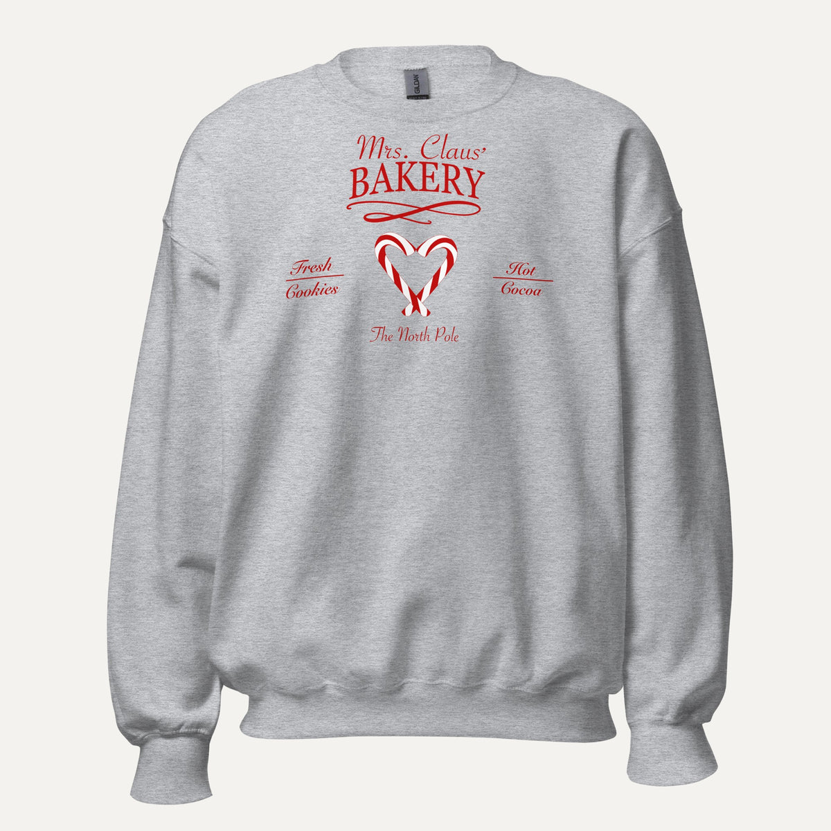 Mrs. Claus' Bakery Unisex Long Sleeve Sweatshirt in Sport Grey, front view