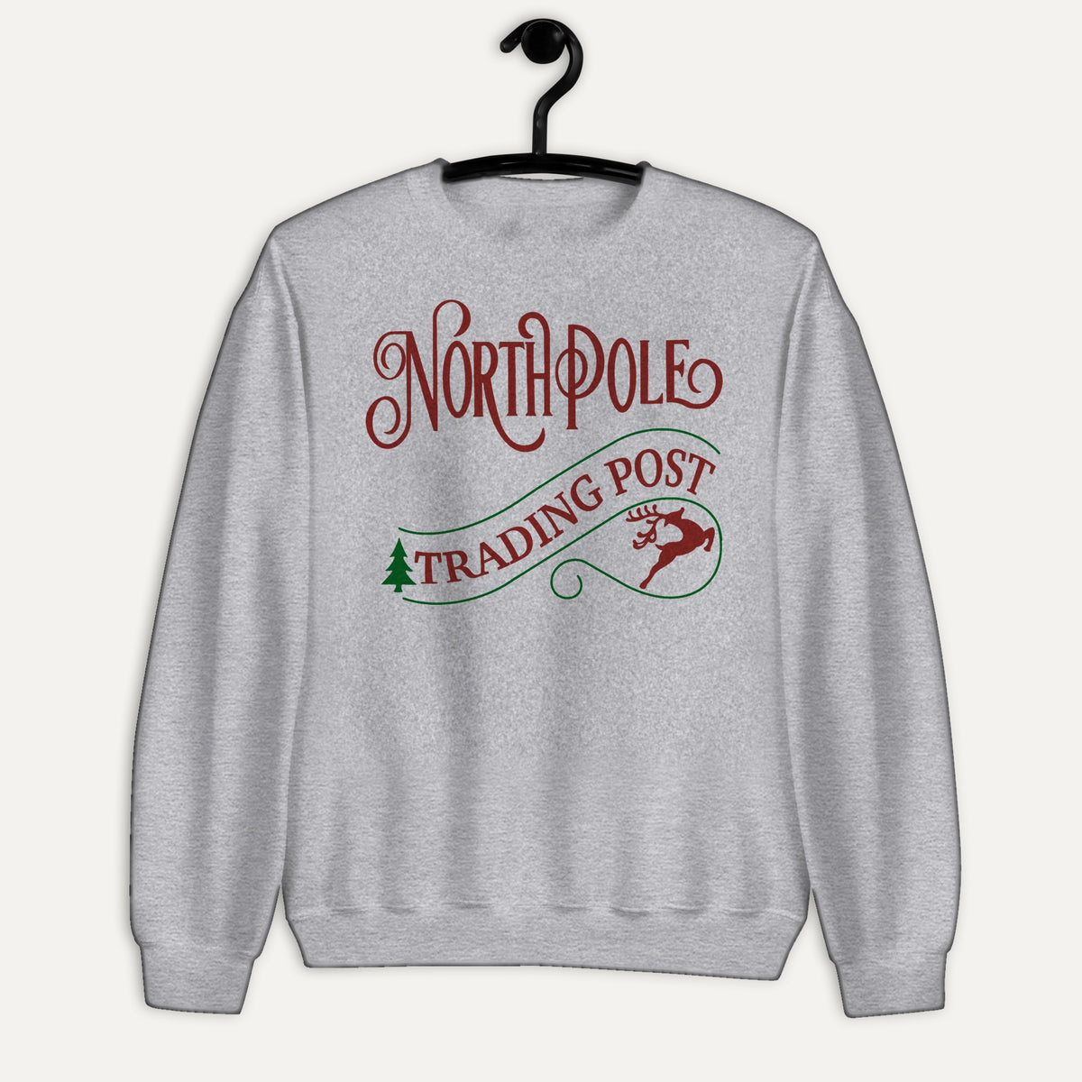 North Pole Trading Post Unisex Long Sleeve Sweatshirt in Sport Grey, on hanger