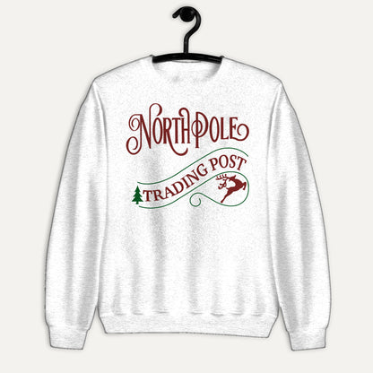 North Pole Trading Post Unisex Long Sleeve Sweatshirt in White, on hanger