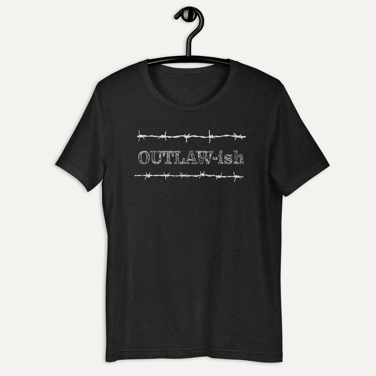 Outlaw-ish Short Sleeve Tee in Black Heather, on hanger