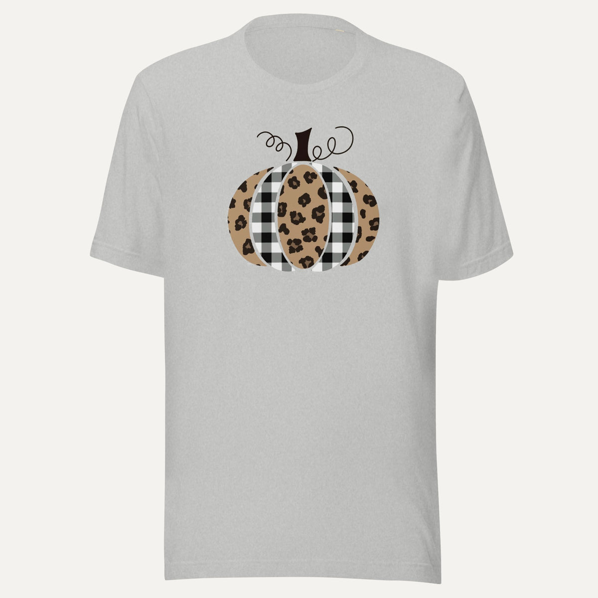 Plaid And Cheetah Print Pumpkin Short Sleeve Tee in Athletic Heather, front view