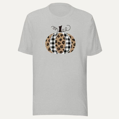 Plaid And Cheetah Print Pumpkin Short Sleeve Tee in Athletic Heather, front view
