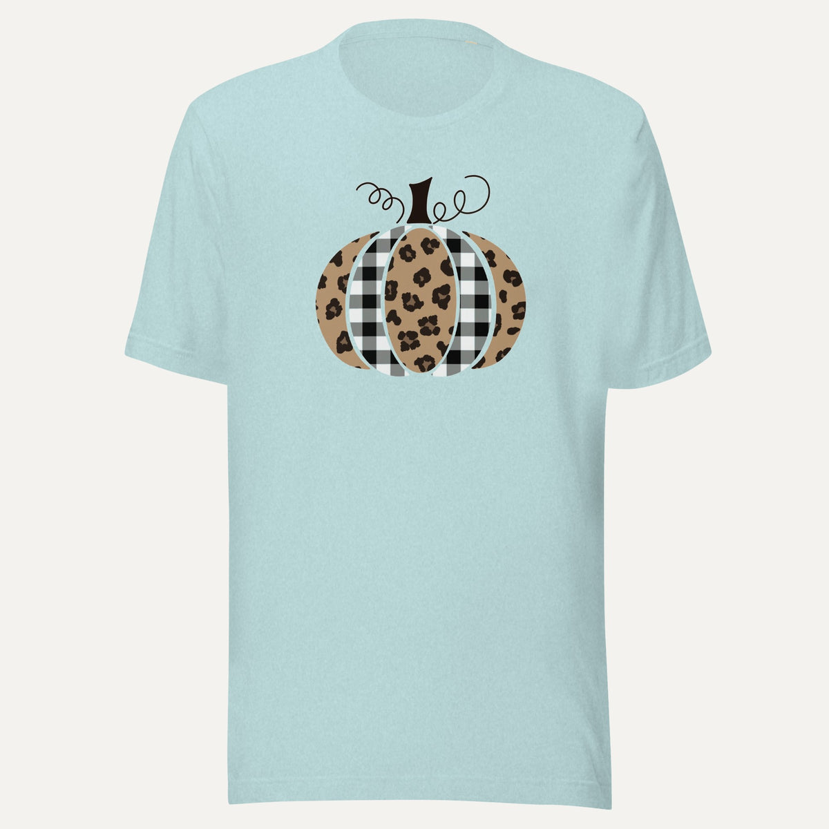 Plaid And Cheetah Print Pumpkin Short Sleeve Tee in Heather Prism Ice Blue, front view
