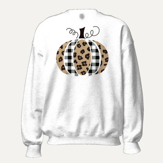 Plaid And Cheetah Print Pumpkin Unisex Long Sleeve Sweatshirt in White, front view
