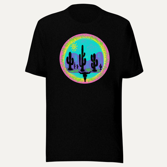 Purple Mountain And Cactus Short Sleeve Tee in Black Heather, front view
