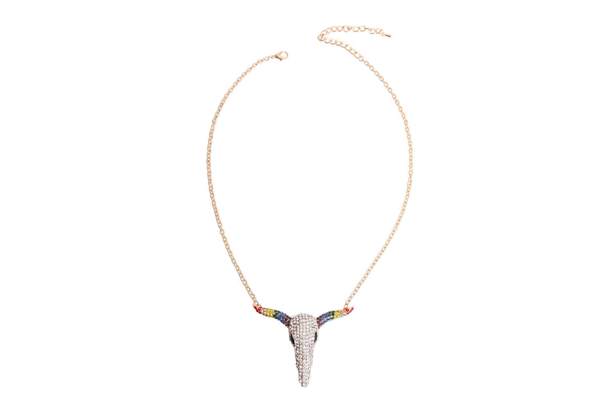 Gold-tone chain necklace with a rhinestone longhorn pendant and rainbow-colored horns